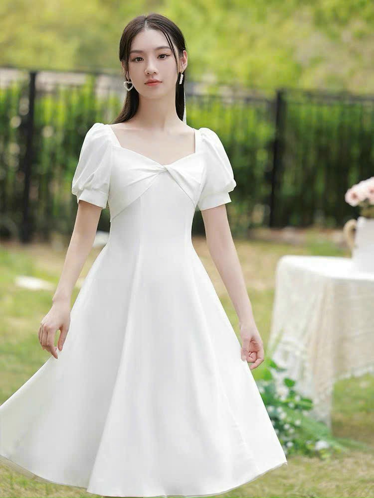 Đầm váy nữ dự tiệc đám cưới màu trắng tinh khiết trẻ trung nhẹ nhàng