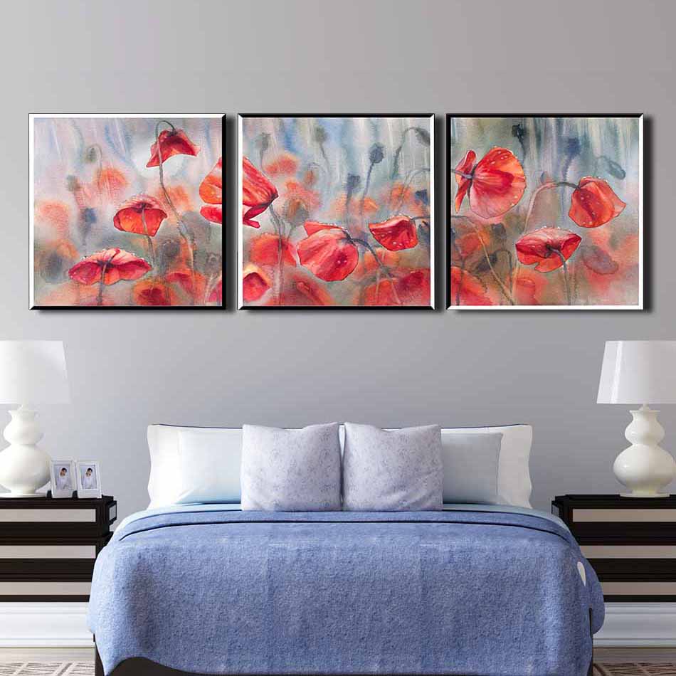 Bộ 3 tranh decor hoa đỏ thủy mặc-DC015 -50x50cm