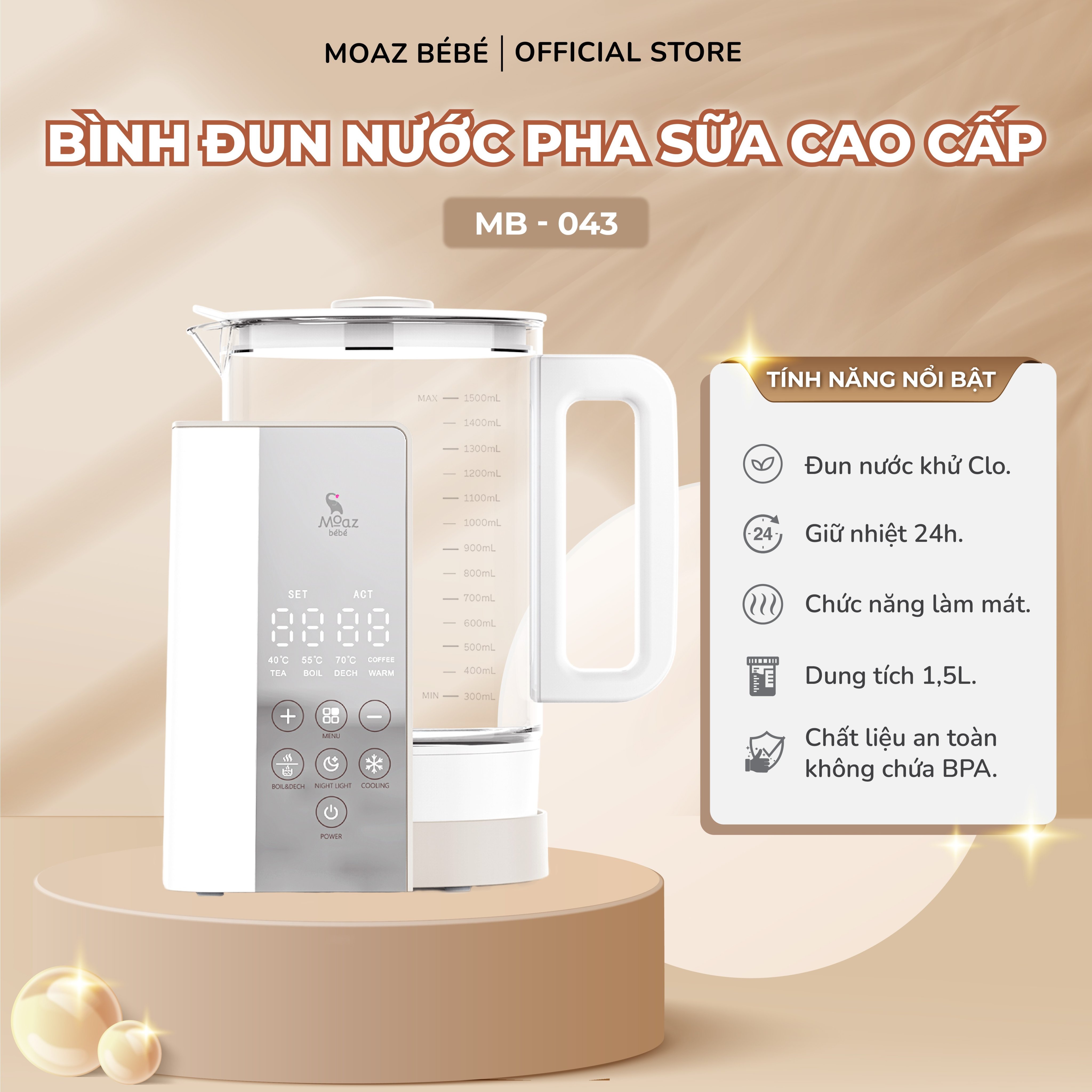 Bình đun nước pha sữa cao cấp Moaz Bébé MB043 - hàng chính hãng