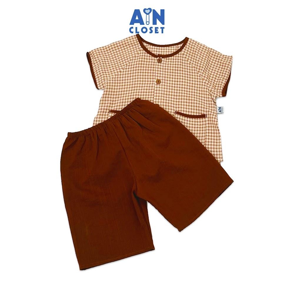 Bộ quần áo Bà Ba lửng unisex cho bé họa tiết Caro Nâu cotton - AICDBGA2SLXF - AIN Closet