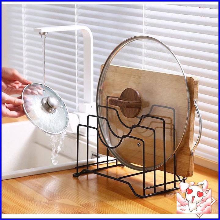 Kệ Để Dao Thớt - Giá Cài Vung Xoong Nồi Đa Năng Tiện Dụng 4 Ngăn Sơn Tĩnh Điện Màu Đen
