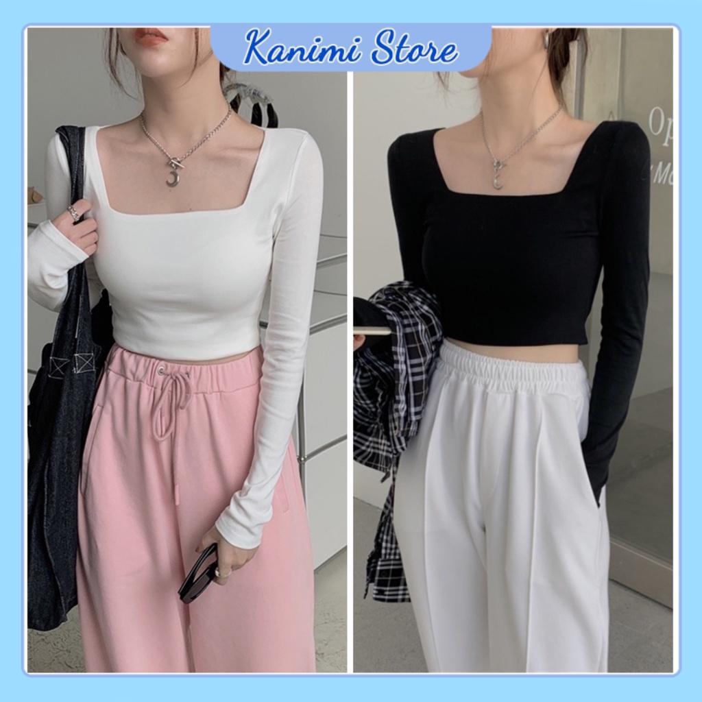 Áo Thun croptop nữ tay dài ôm body cổ vuông Kanimi siêu tôn dáng - AD06