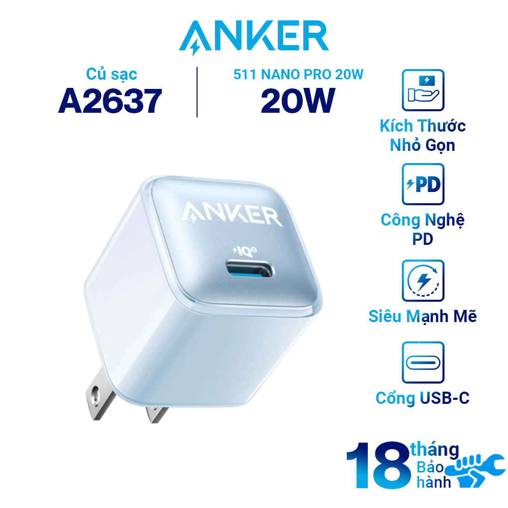 Adapter Sạc ANKER 511 Nano Pro 20W Type-C Sạc Nhanh Tích Hợp PIQ 3.0 A2637 Tương Thích iPhone 13 series và iPhone 12 series, Galaxy, Pixel 4/3, iPad / iPad mini - Hàng Chính Hãng