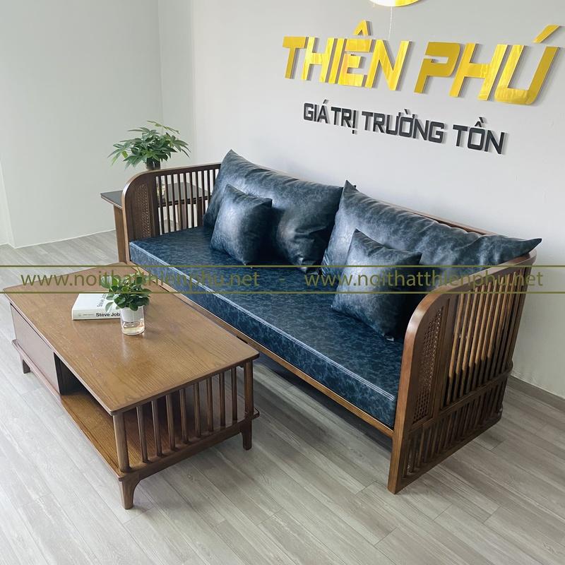 Bộ sofa nan gỗ sồi chung cư phong cách Indochine hiện đại