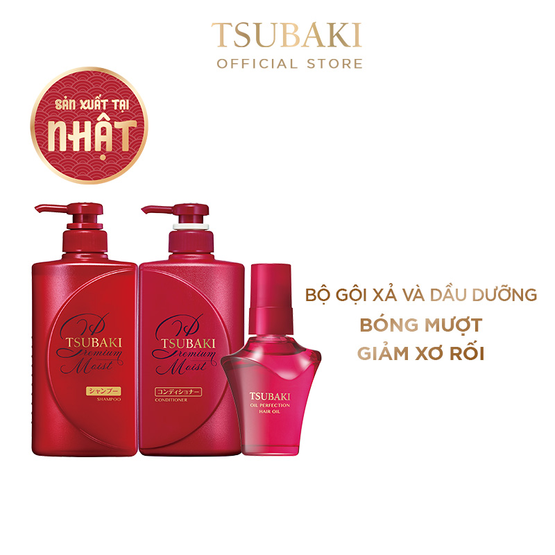 Bộ ba Tsubaki Premium Dưỡng Tóc Bóng Mượt &amp; Bảo Vệ Tóc Trước Tác Hại Của Tia UV (Gội Xả 490ml/chai + Dầu dưỡng tóc 50ml)