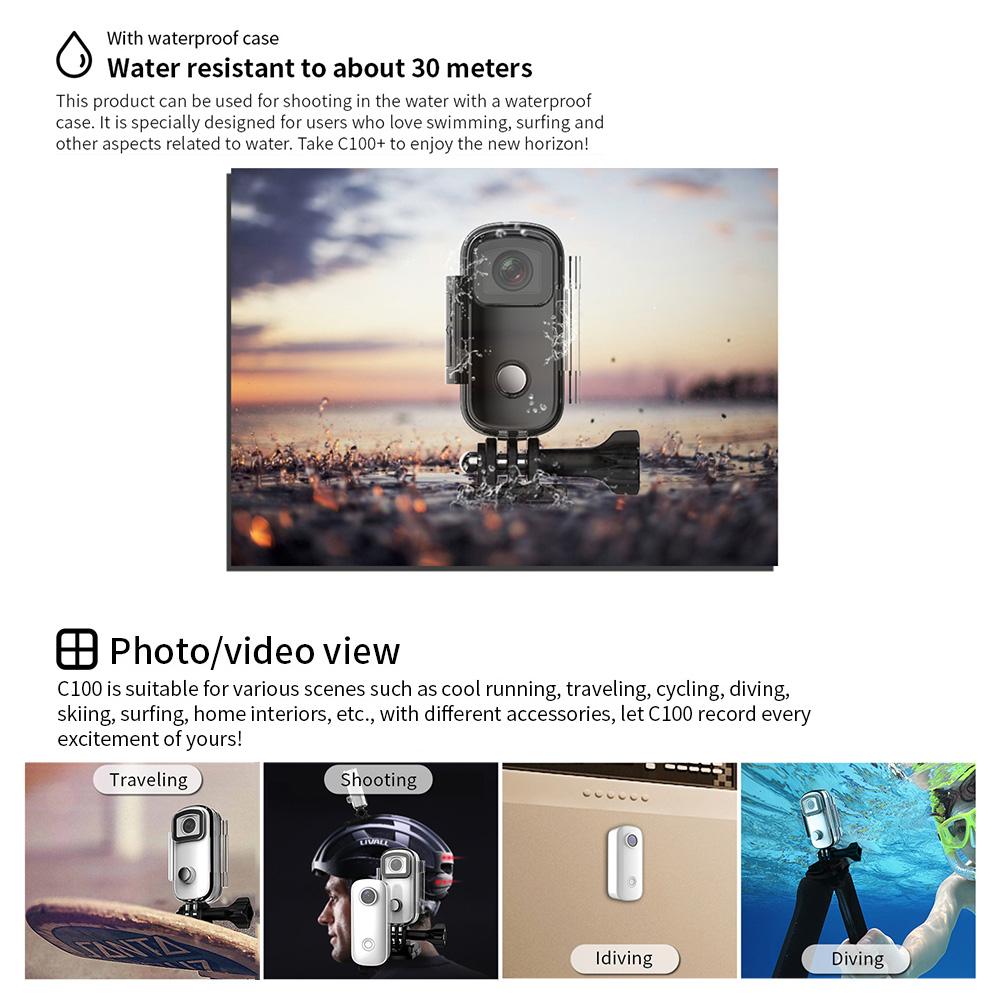 SJCAM C100 Plus Máy ảnh hành động mini 4K/30fps Video Camera 30M Chia sẻ ứng dụng kết nối WiFi chống thấm nước cho bản ghi video Vlog