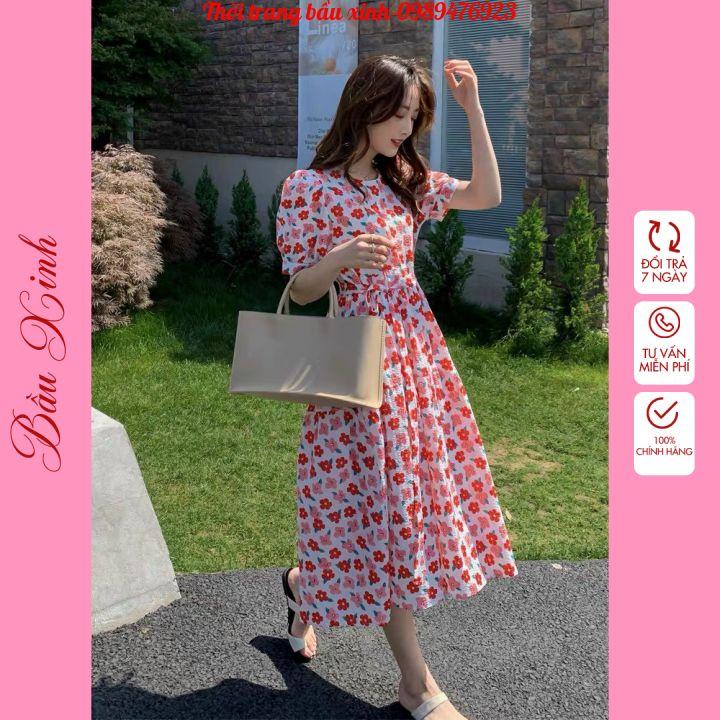 Váy bầu  mùa hè, dáng xòe tầng cho mẹ bầu-đầm bầu xinh hoa nhí freesize 45-65kg