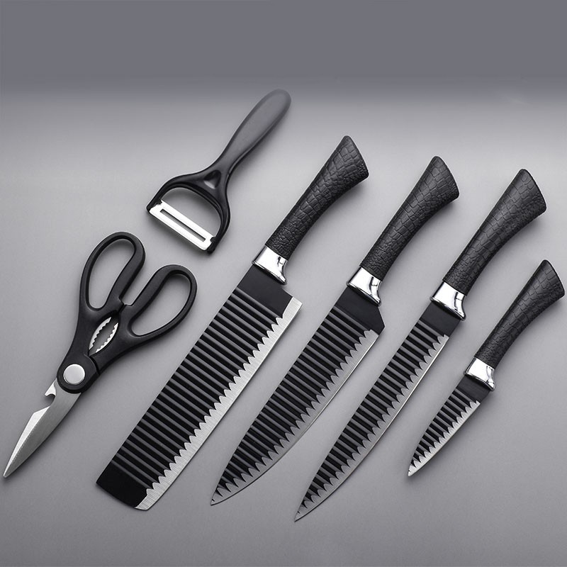 Sét 6 dao kéo nhà bếp kèm nạo gọt vỏ củ quả bằng thép hợp kim màu đen sang trọng, lưỡi dao chống dính, siêu sắc bén, thiết kế gợn sóng tạo kiểu khi muốn - Đồ dùng nhà bếp cần thiết