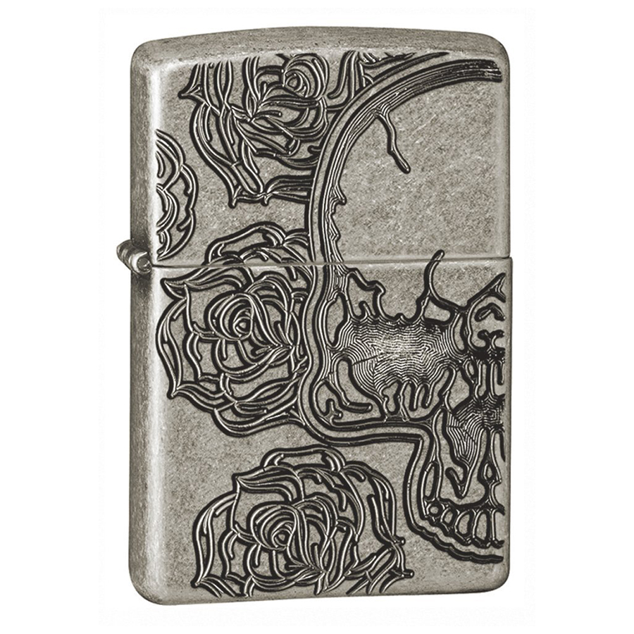 Bật Lửa Zippo 28988 - Bật Lửa Zippo Armor Skull Roses Antique Silver Plate