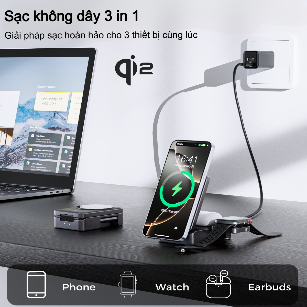 Đế sạc nhanh không dây 3 in 1 gấp gọn 15W Choetech T637 chuẩn Qi2 dùng cho điện thoại, tai nghe và đồng hồ thông minh - Hàng chính hãng)