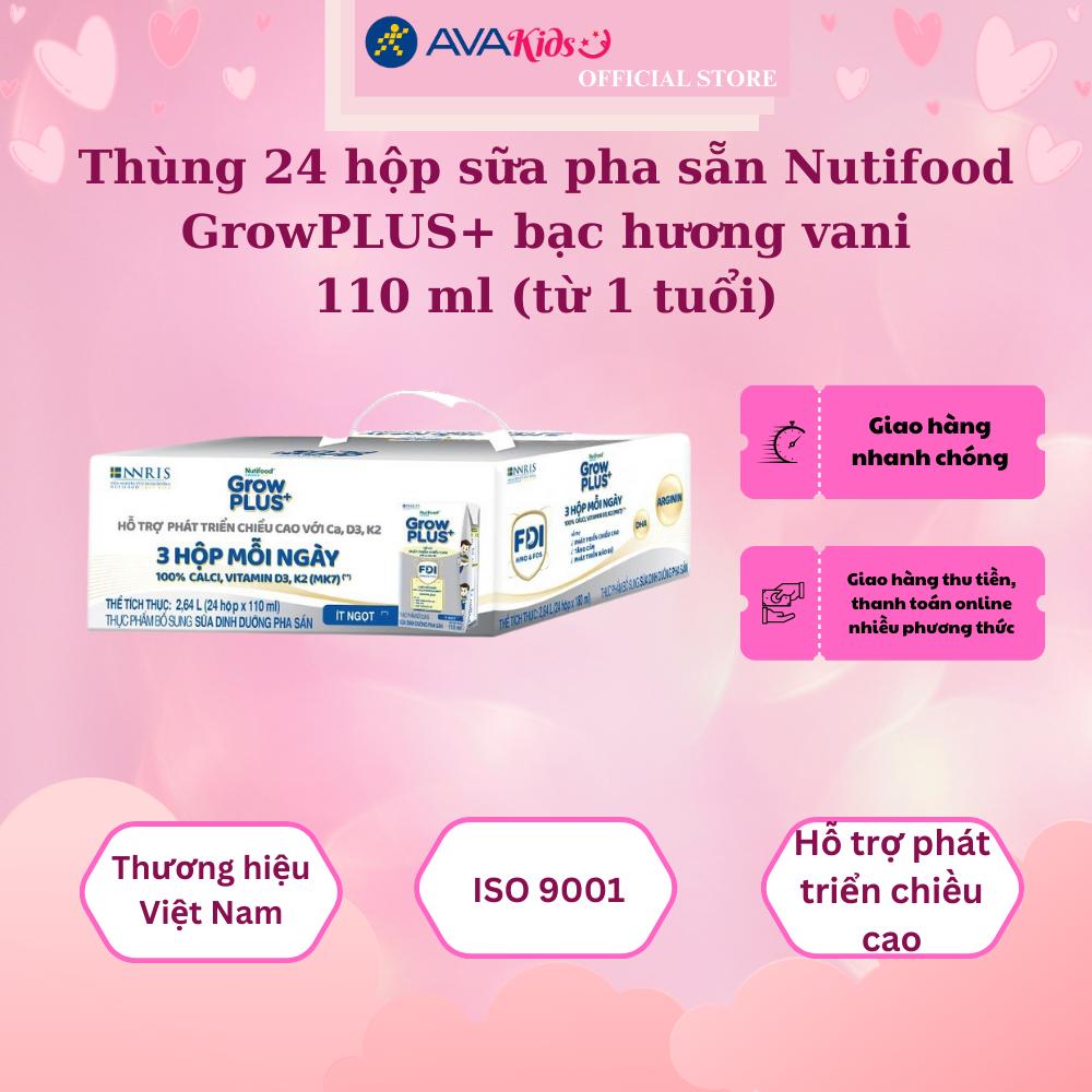 Thùng 24 hộp sữa pha sẵn Nutifood GrowPLUS+ bạc hương vani 110 ml (từ 1 tuổi)