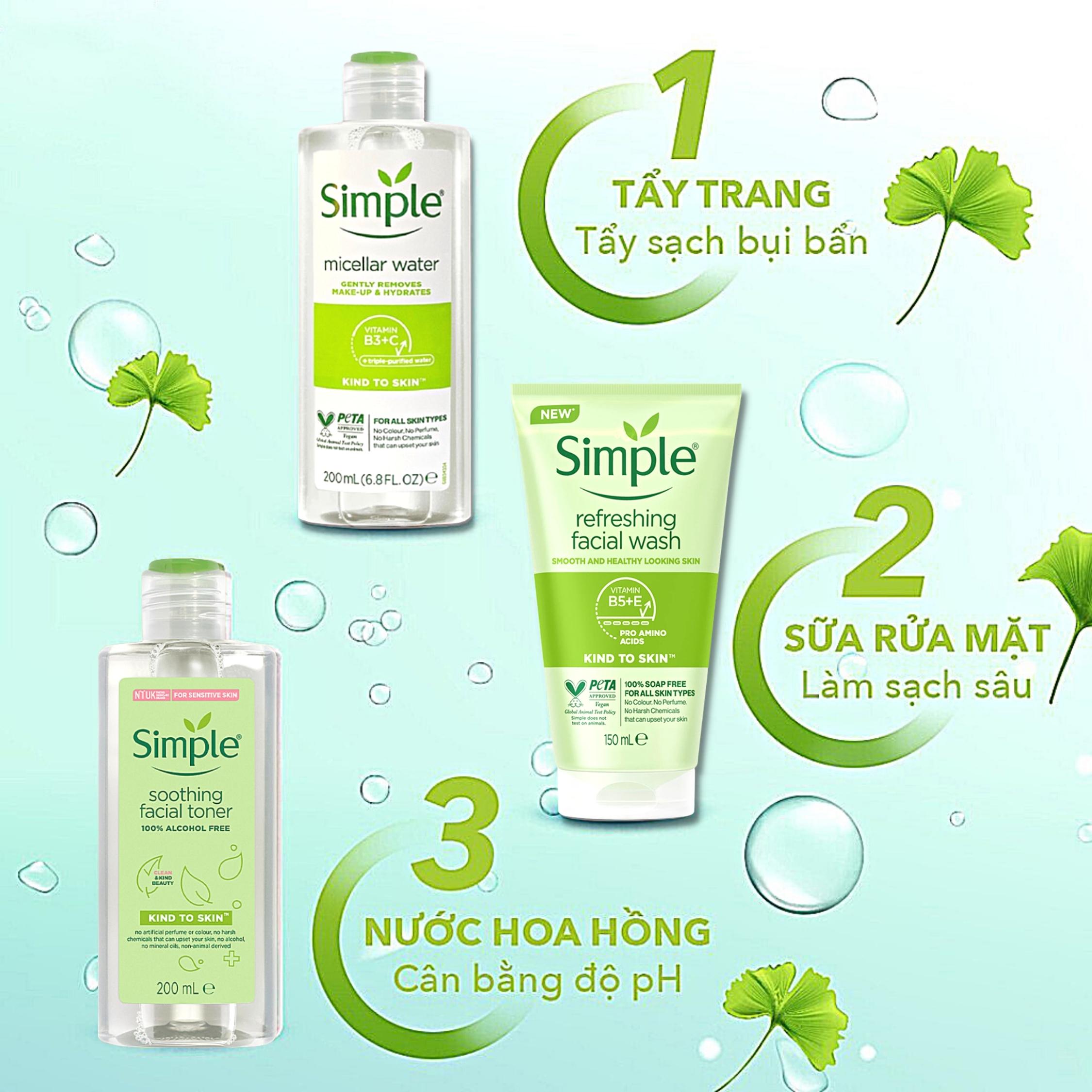 Nước Tẩy Trang Simple Micellar Cleansing Water Làm Sạch Trang Điểm Không Chứa Cồn 200ml