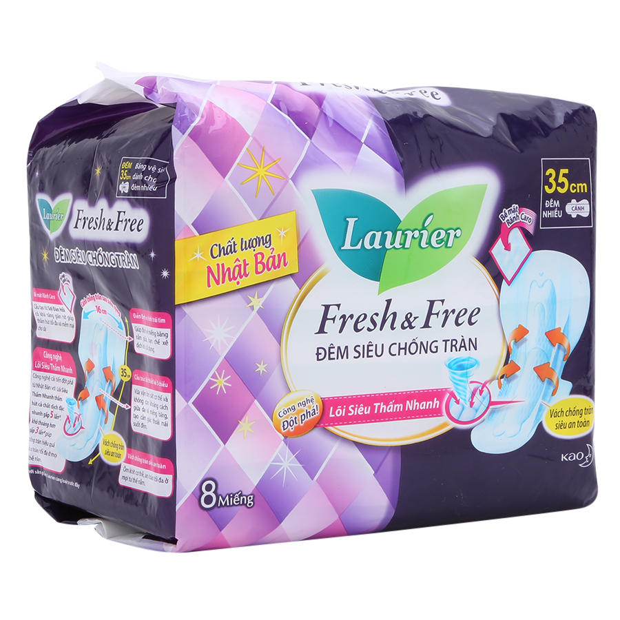 Combo 2 Gói Băng Vệ Sinh Laurier Fresh &amp; Free Đêm Siêu Chống Tràn 35 cm - 8 Miếng