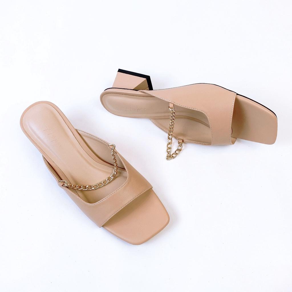 Dép cao gót nữ đế vuông 4cm thời trang dáng guốc sandal quai ngang cao cấp HISHOO S047