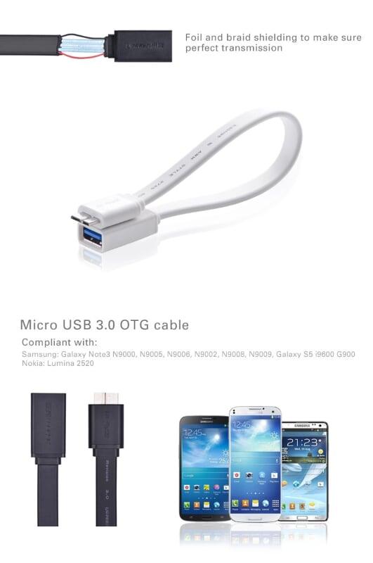 Ugreen UG10801US127TK 20CM màu Đen Cáp MICRO USB 3.0 OTG sang USB 3.0 âm dáng dẹt - HÀNG CHÍNH HÃNG