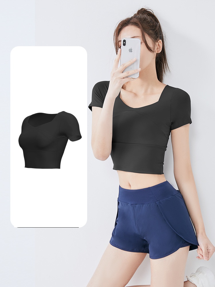 Set quần áo tập gym yoga 2 món, áo croptop ngắn tay có mút đệm và quần dài ôm body, tôn dáng, thời trang