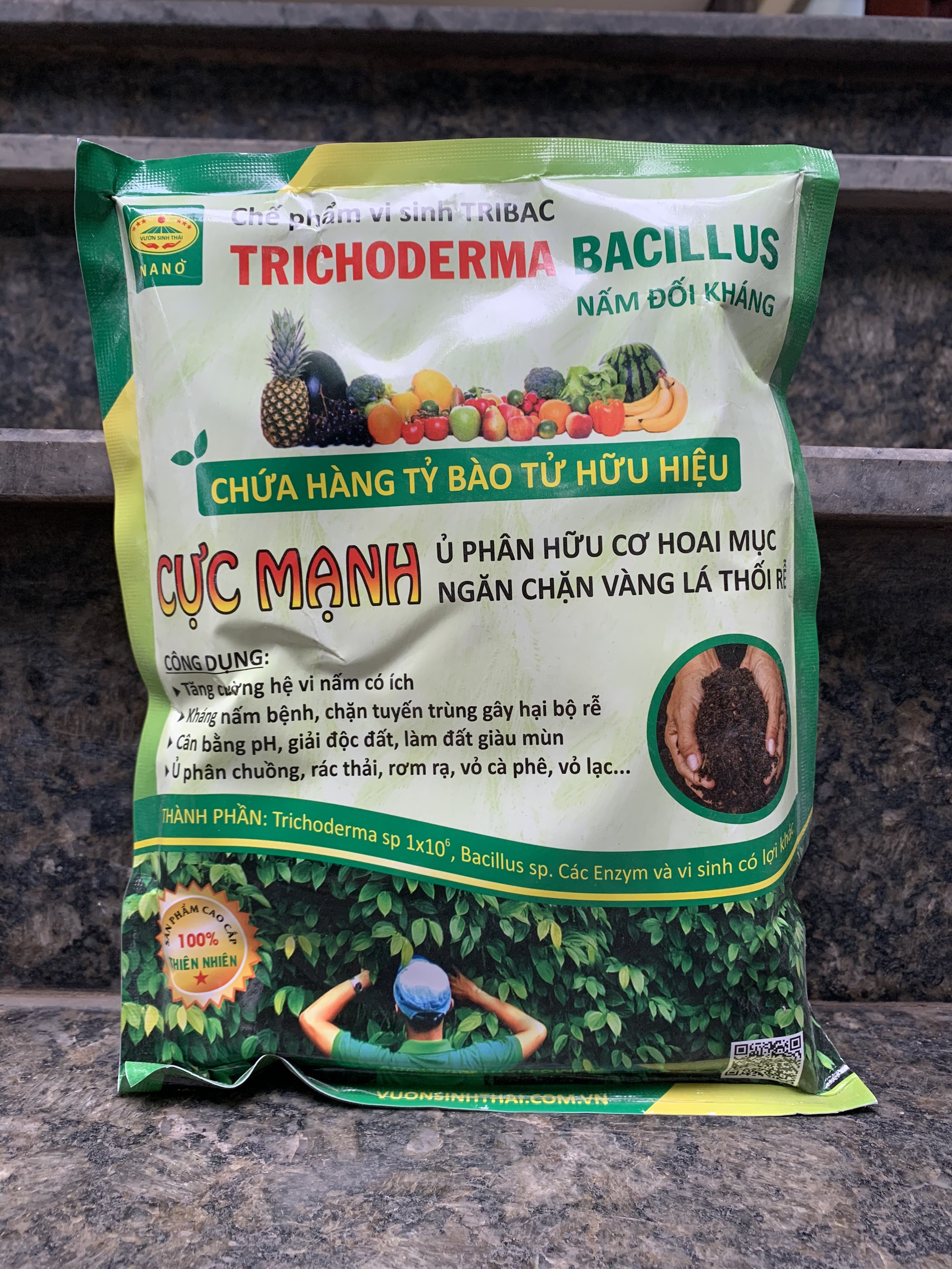 1kg Chế phẩm vi sinh Trichoderma TRIBAC. Nấm Đối Kháng cực mạnh. Ngăn chặn tuyến trùng, nấm bệnh gây vàng lá thối rễ. Ủ phân chuồng hoai mục