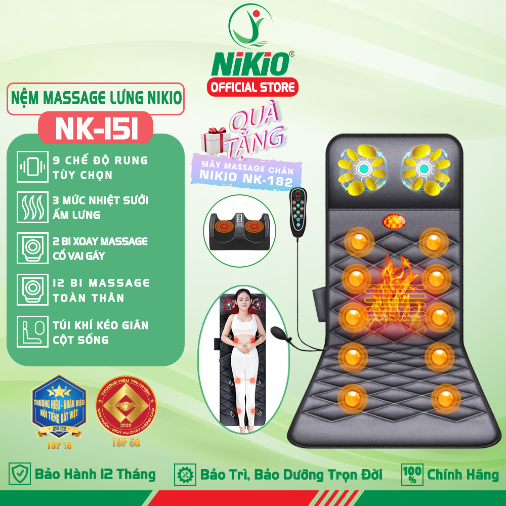 Nệm Đệm Massage Toàn Thân Nikio Nk - 151 - Con Lăn Xoa Bóp Cổ Vai Gáy, 10 Động Cơ Matxa Rung Toàn Thân, Kết Hợp Nhiệt Sưởi Và Túi Khí Nâng Đỡ Cột Sống, Hỗ Trợ Điều Trị Đau Nhức Lưng