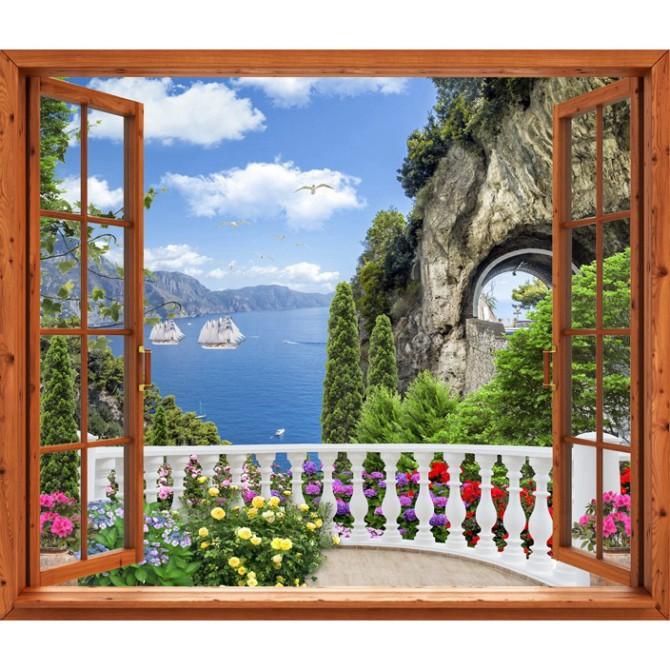 Tranh dán tường cửa sổ gỗ 3D cảnh biển đẹp GO0226-1