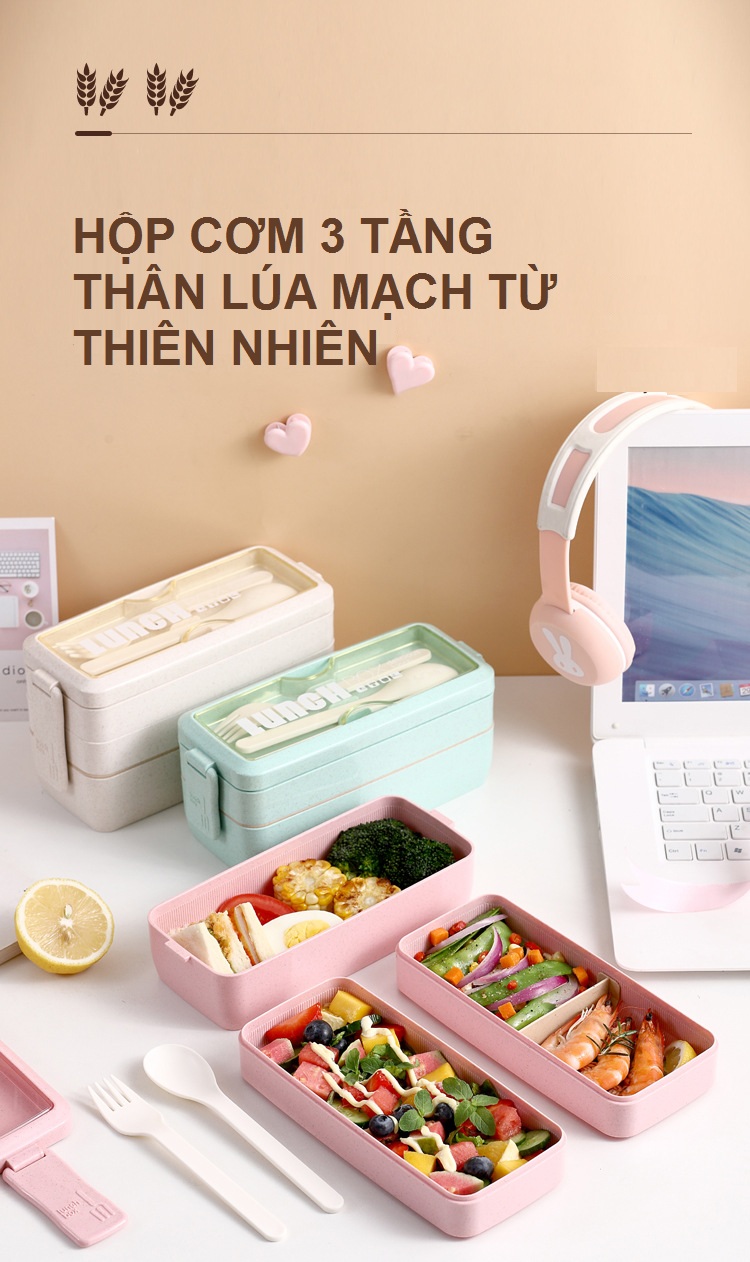 Hộp Đựng Cơm Văn Phòng 3 Tầng 900ML Lúa Mạch Cao Cấp, Kèm Nĩa Và Thìa Màu Ngẫu Nhiên-Hàng Chính Hãng