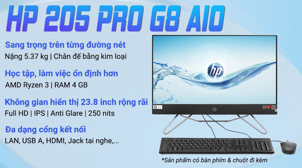 HP 205 Pro G8 AIO R3 5300U/4GB/256GB/23.8&quot;F/KB/Mouse/Win11/( 5R3F1PA )/Đen - Hàng chính hãng