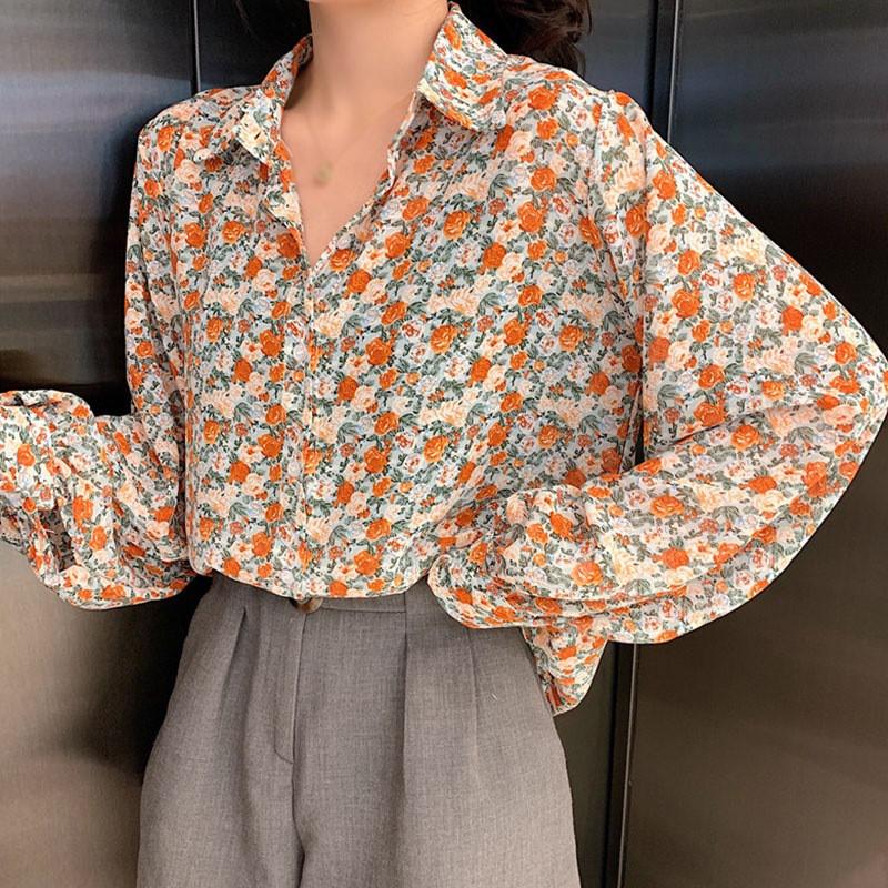 Áo Sơ Mi Tay Dài Form Rộng Họa Tiết Hoa Phong Cách Vintage