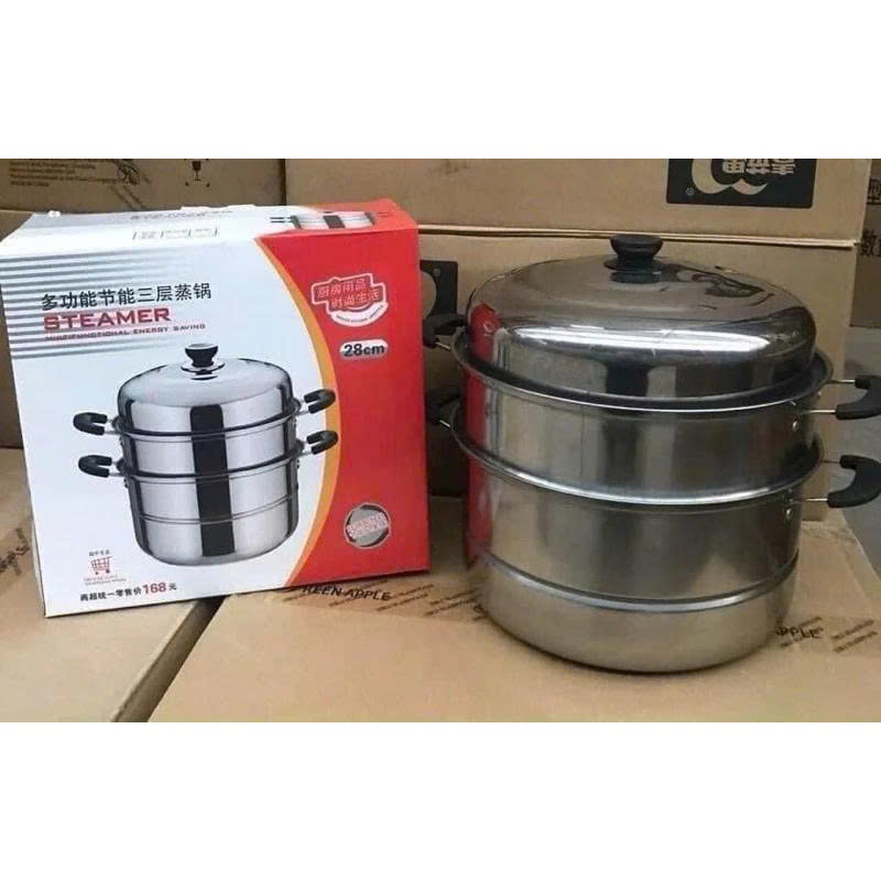 Nồi Hấp Inox 3 Tầng Siêu To 28CM Dùng Cho Cả Bếp Từ Và Bếp Ga, Nồi Hấp Bánh Bao Bánh Flan Hấp Thức Ăn Tặng Kèm Xửng Hấp - HÀNG CHÍNH HÃNG MINIIN