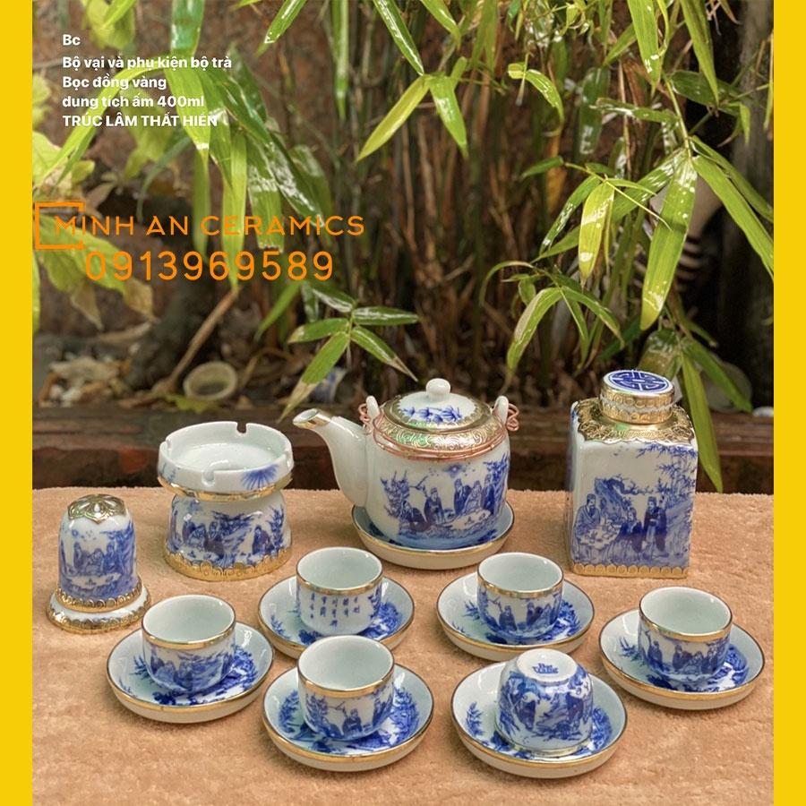 Bộ ấm chén bọc đồng bát tràng dáng vại trúc lâm thất hiền 400ml gốm Minh AN Bát Tràng