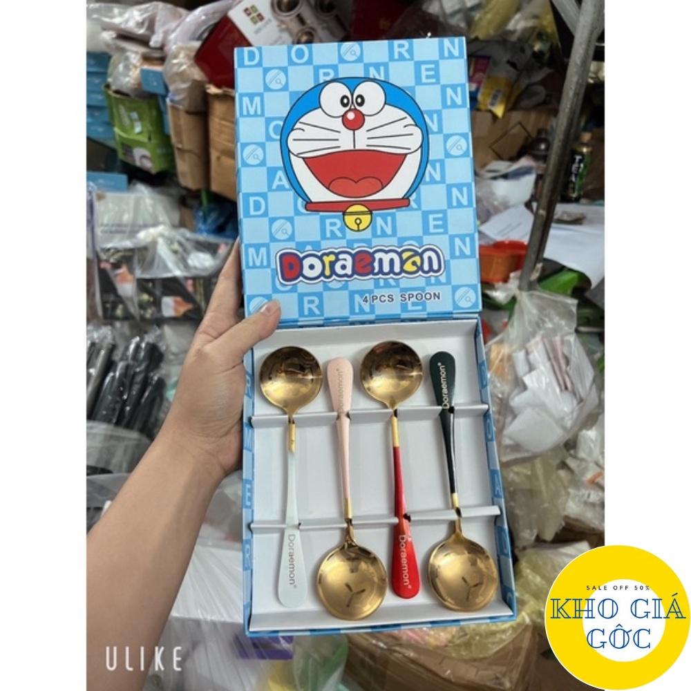 Set 4 Thìa Inox Mạ Vàng Cán Dài Khắc Hình Doraemon Dễ thương Kèm Hộp Sang Trọng