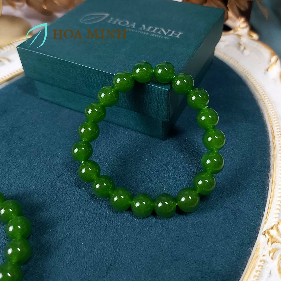 Vòng Tay Phong Thủy đá Mã Não xanh màu ngọc bích size hạt 9.9 li tuyệt đẹp thời trang
