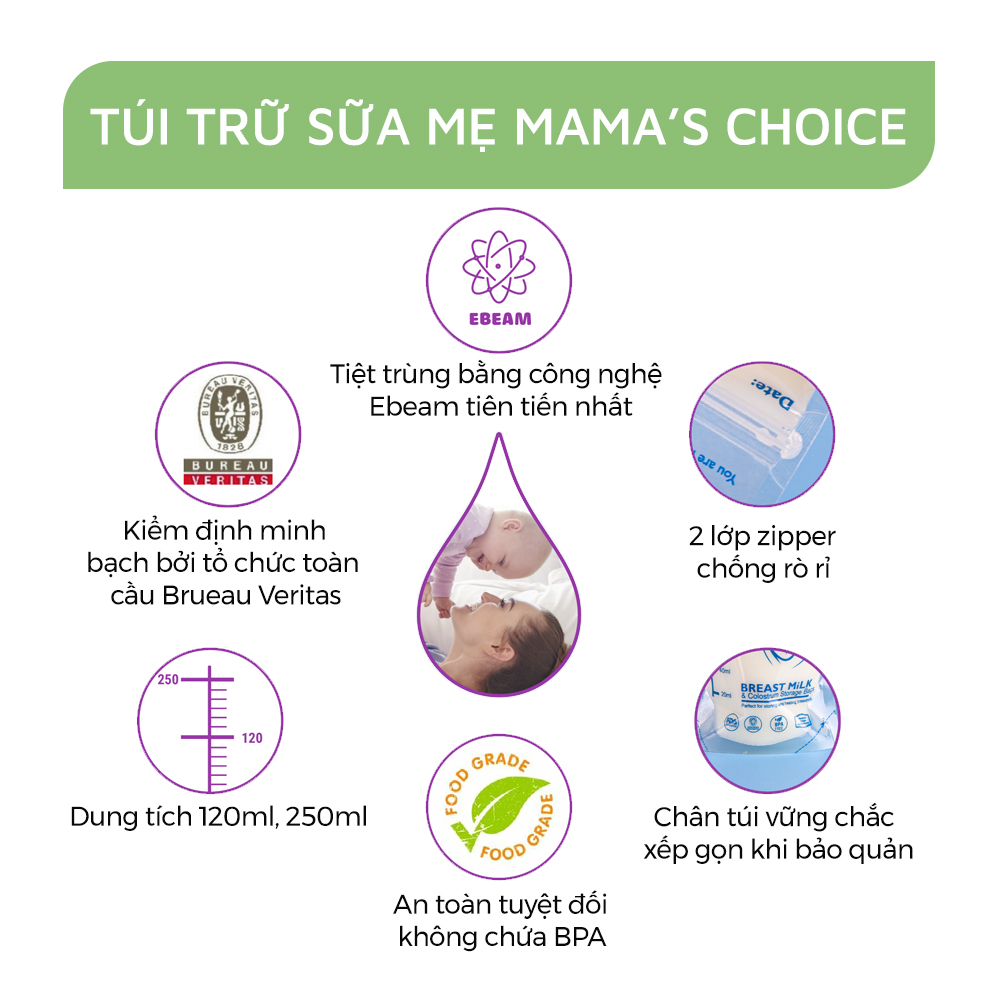 Combo Bình Trữ Sữa và Túi Trữ Sữa Mama’s Choice, Bảo Quản và Trữ Sữa Mẹ, Kiểm Định An Toàn Quốc Tế Bureau Veritas