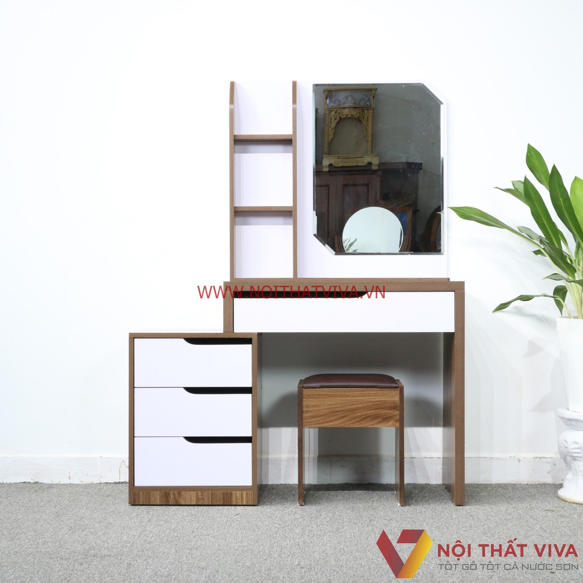 Bàn Trang Điểm 2 Tầng Gỗ MDF Melamine Màu Óc Chó Phối Trắng Hiện Đại