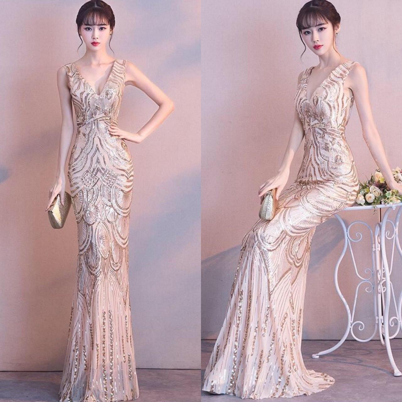 ĐẦM DẠ HỘI CỔ V ĐÍNH KIM SA - HN1482