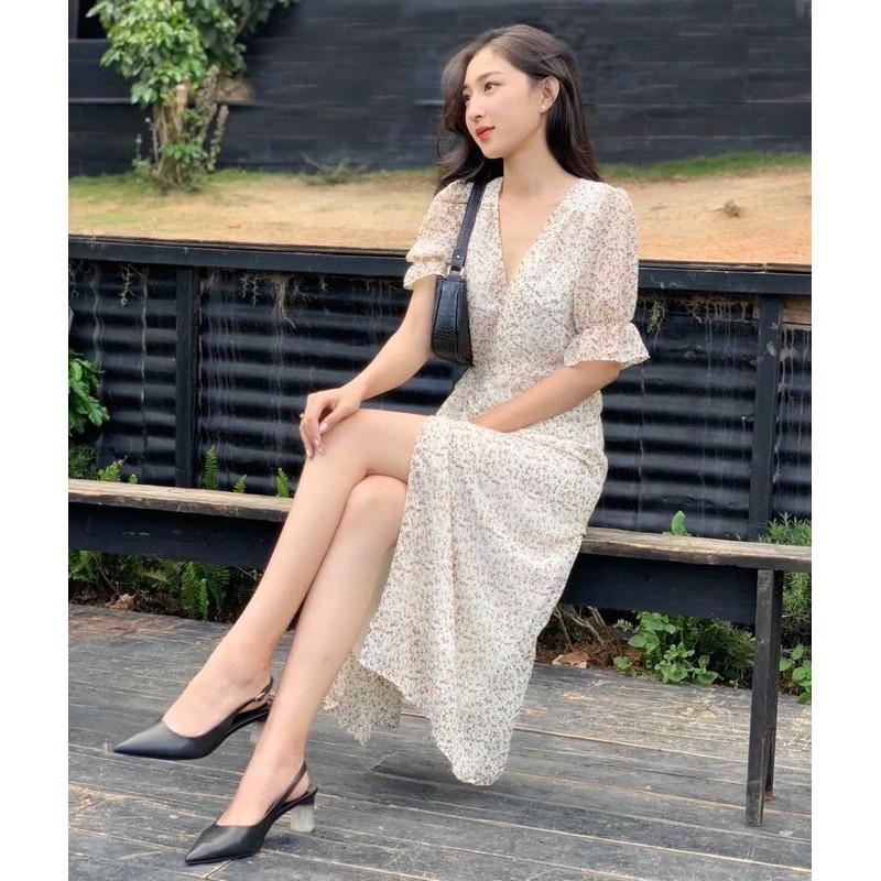 OLALASTUDIO Đầm voan cổ V hoa liti - Dai Wrap Dress