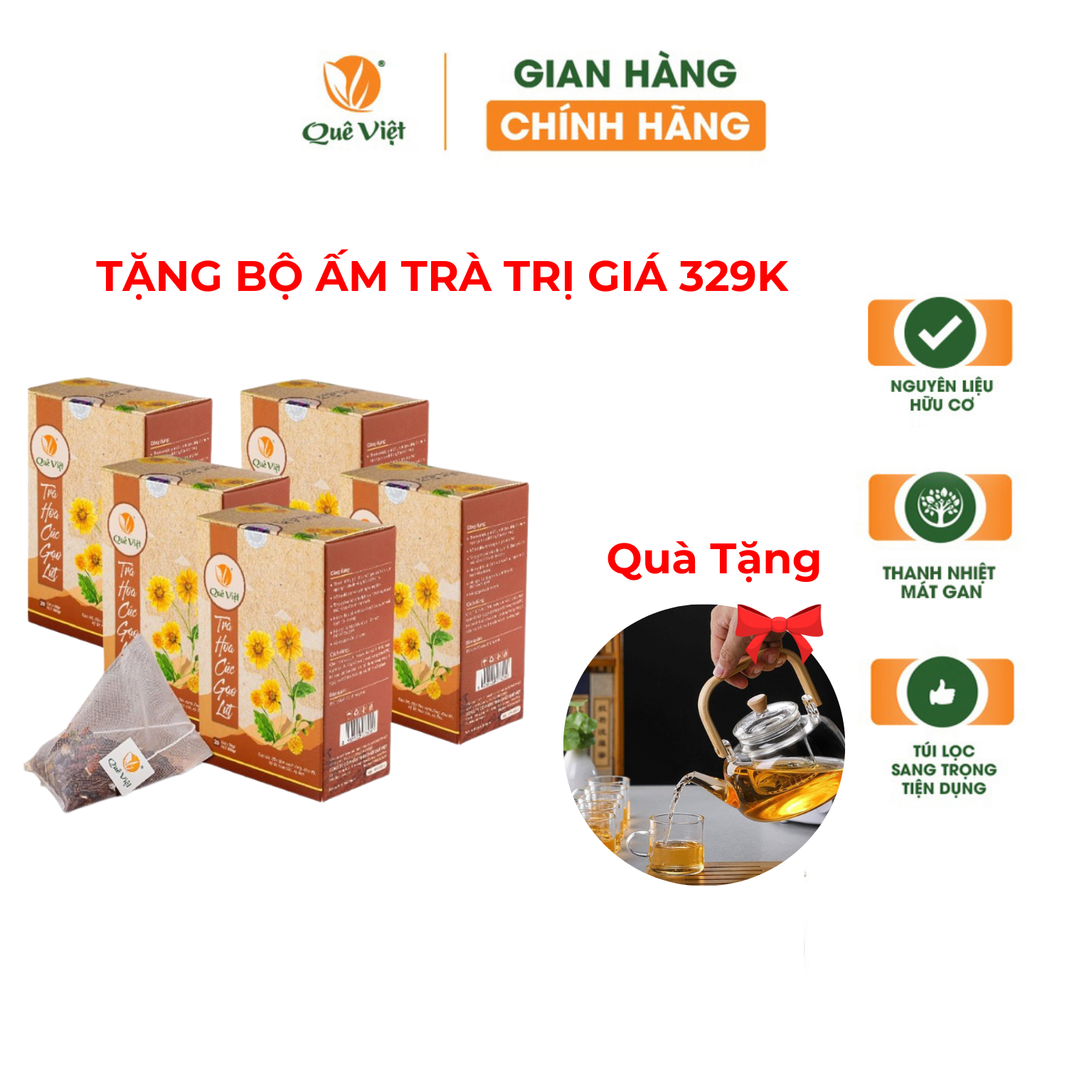 Combo 5 hộp Trà hoa cúc gạo lứt Quê Việt + tặng bộ ấm thủy tinh pha trà Quê Việt ( x 600gr/hộp)