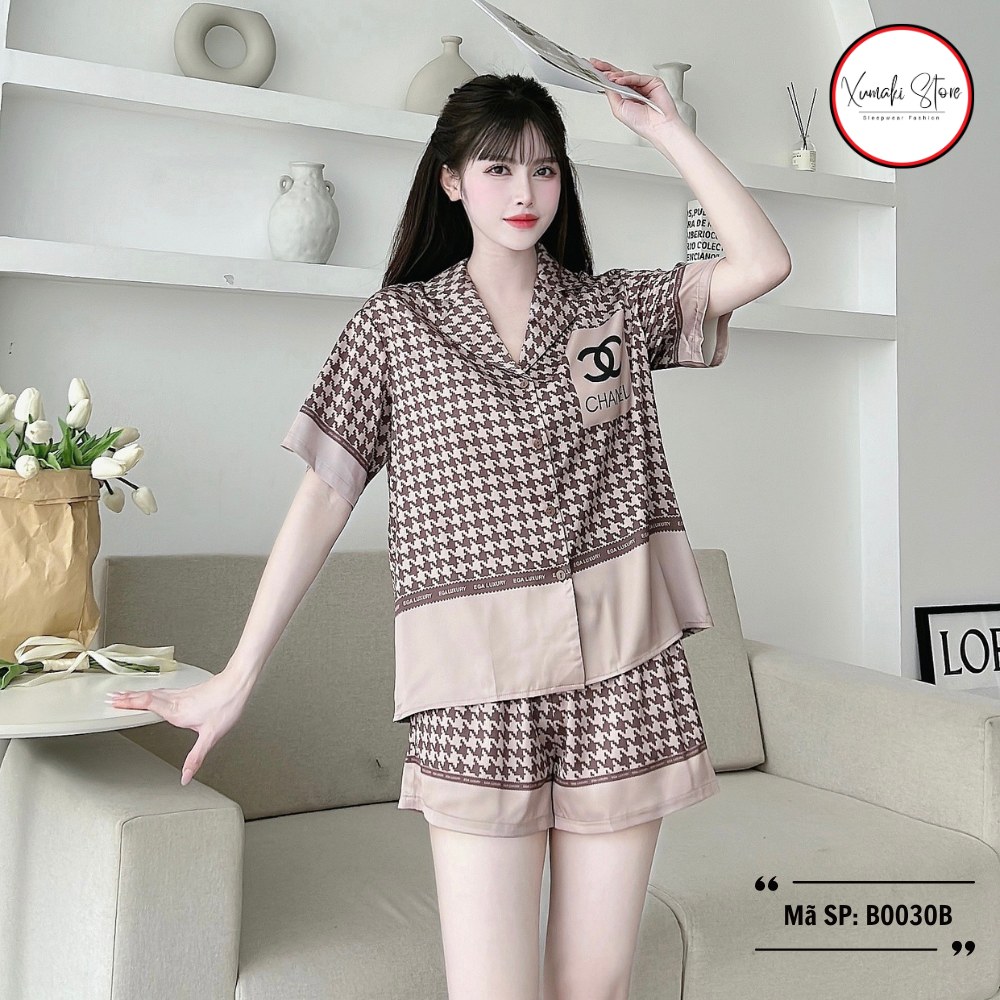 Bộ pyjama nữ áo cộc quần đùi họa tiết chữ màu nâu chất lụa cao cấp Xumaki Store BO030B