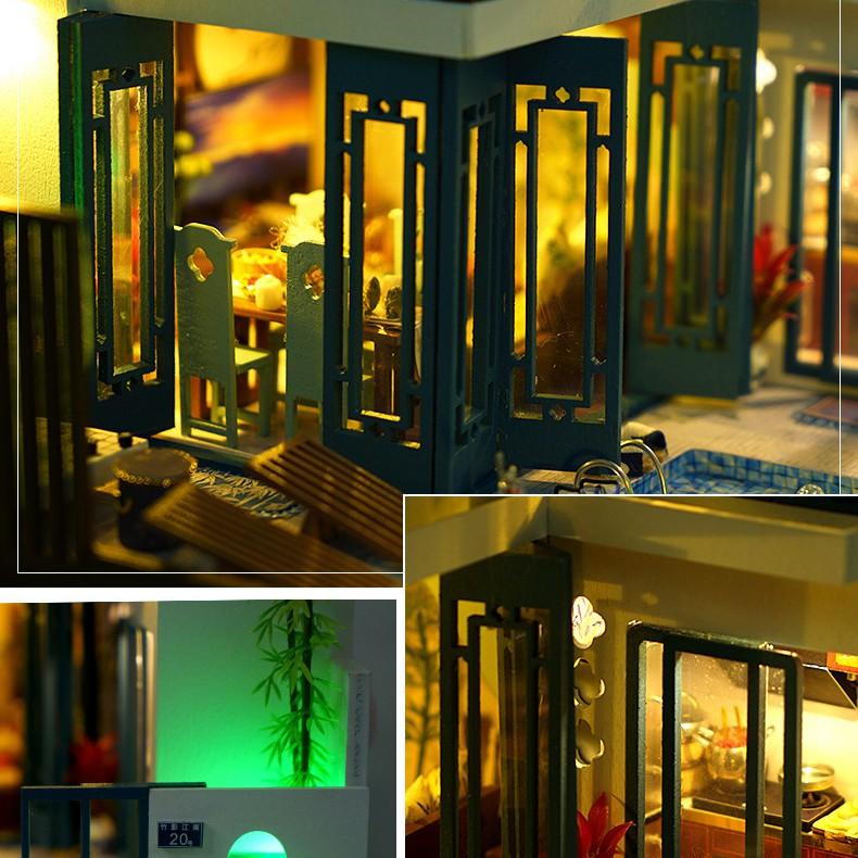 Mô hình nhà DIY Doll House Chinese Happy Restaurant Kèm Hộp nhạc và Mica Chống bụi