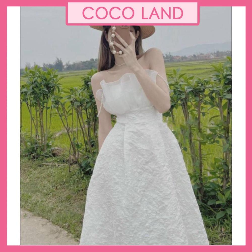 Váy Trắng dự tiệc Thiết Kế Hai Dây Ngọc Xốp Vân Nổi Prince Dress babydoll váy xinh ulzzang - Váy mầu trắng