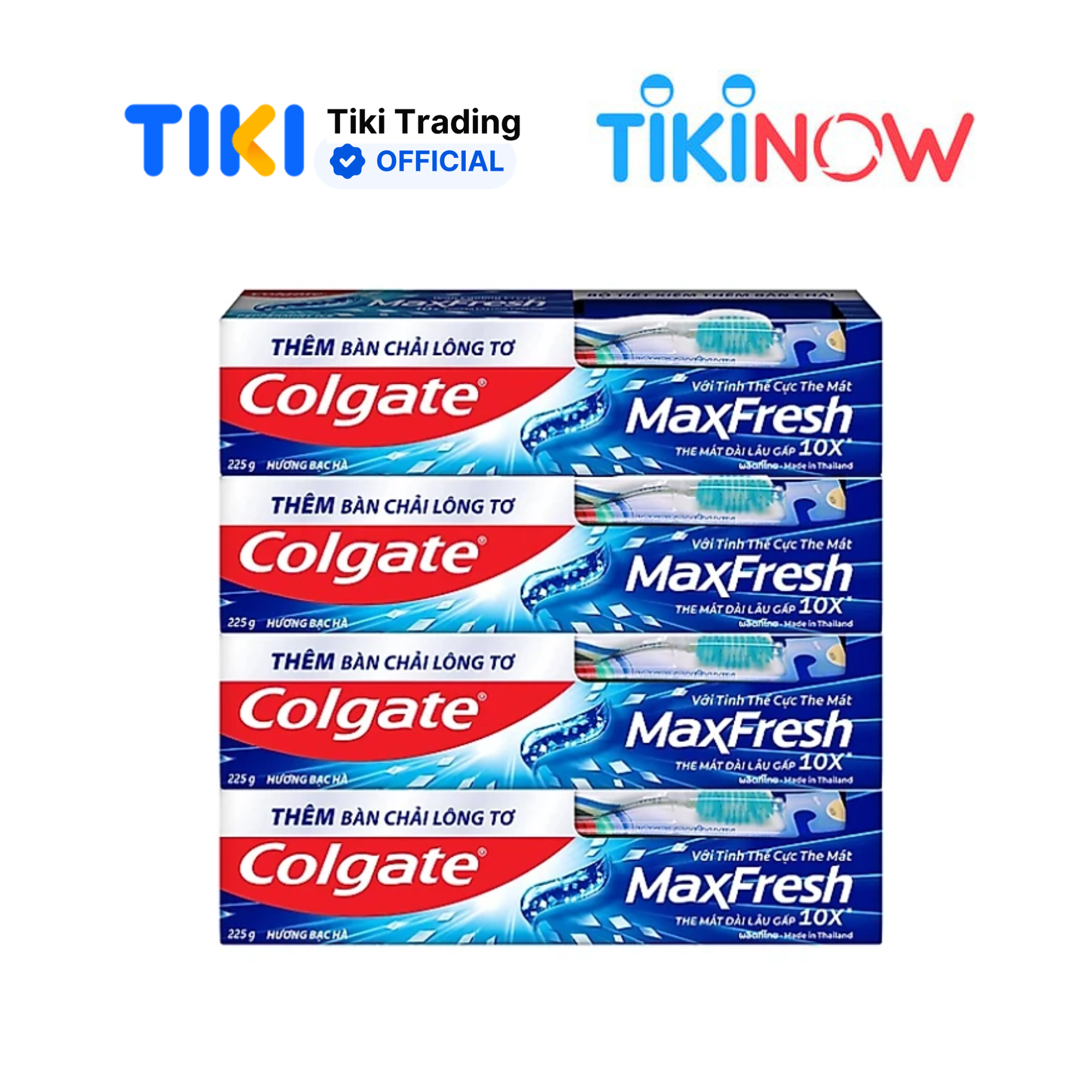 Bộ 4 Kem đánh răng Colgate bạc hà the mát Maxfresh 225g/tuýp tặng bàn chải đánh răng lông mềm