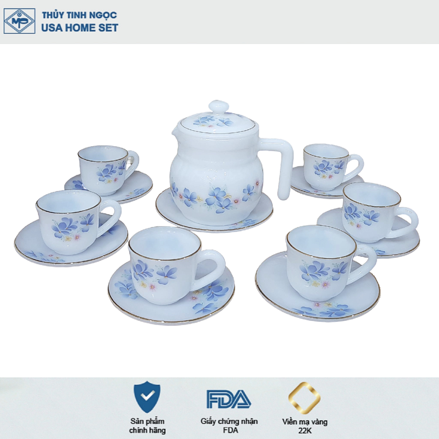 Bộ ấm trà Thủy tinh ngọc MP USAhomeset P3066 hoa xanh
