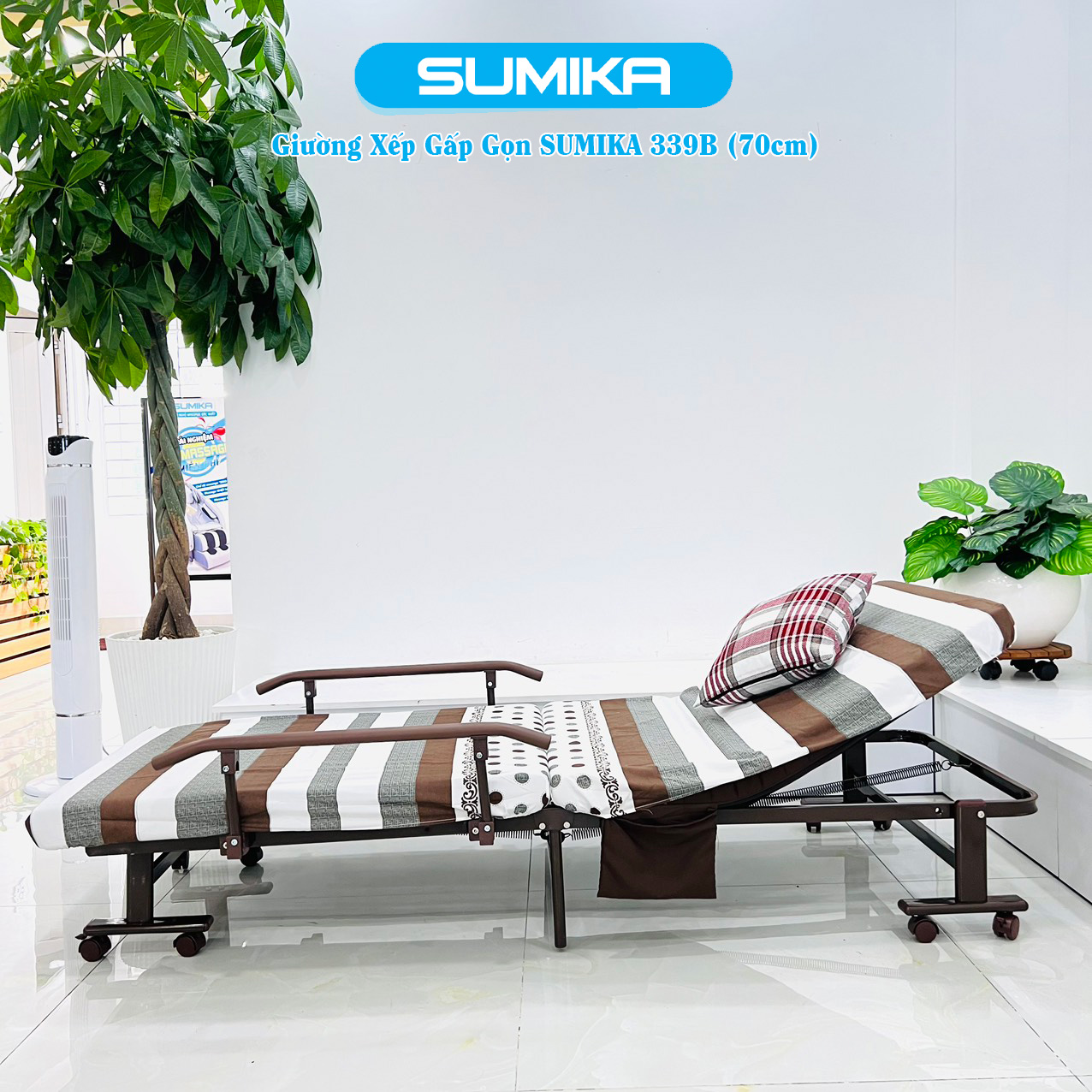 Giường xếp gọn cao cấp SUMIKA 339B, chiều rộng 70cm, khung thép, có bánh xe di chuyển