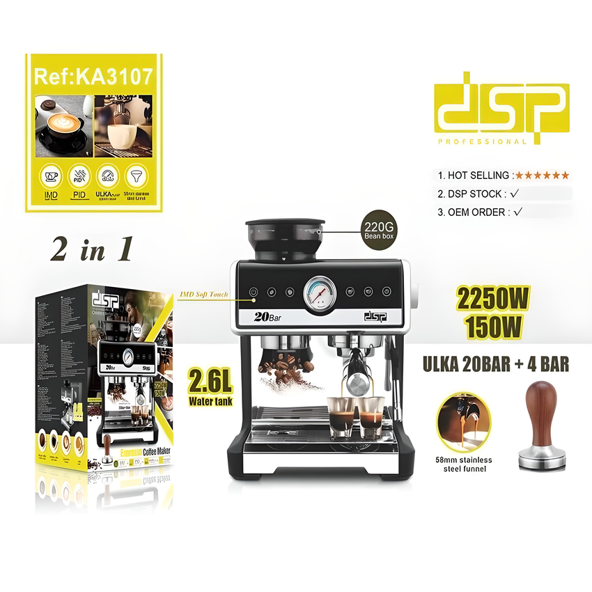 Máy pha cà phê bán tự động 4 trong 1 chuyên nghiệp Cappuccino, Espresso, Latte. Thương hiệu Nga cao cấp DSP - KA3107 - HÀNG CHÍNH HÃNG