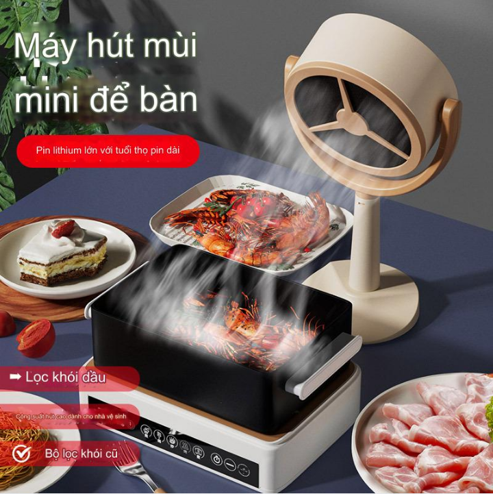 Quạt Hút Khói Khử Mùi Mini Để Bàn Ăn Nhà Bếp Exhaust Fan Desktop (tặng 2 xốp lọc) - phiên bản pin sạc