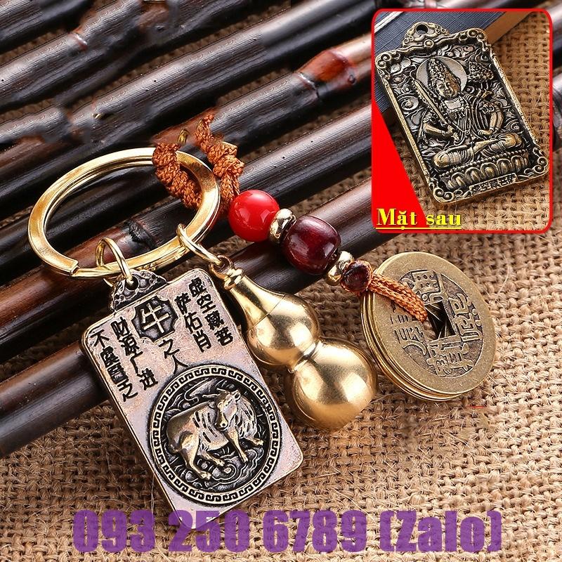 Móc Khóa 3 Món Dây Vàng 5 Xu,Quả Bầu Rỗng Mix Thẻ 2 Mặt 8 Vị Phật Bản Mệnh 12 Con Giáp