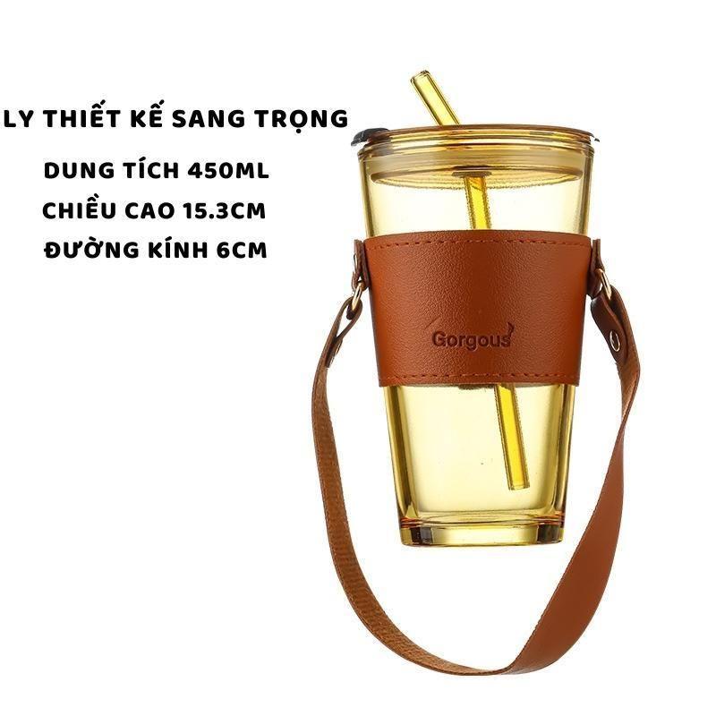 Ly Thủy Tinh Mix Da Size To, Ly Uống Nước Có Quai Xách Mang Đi Sang Trọng Tạng Kèm Ống Hút