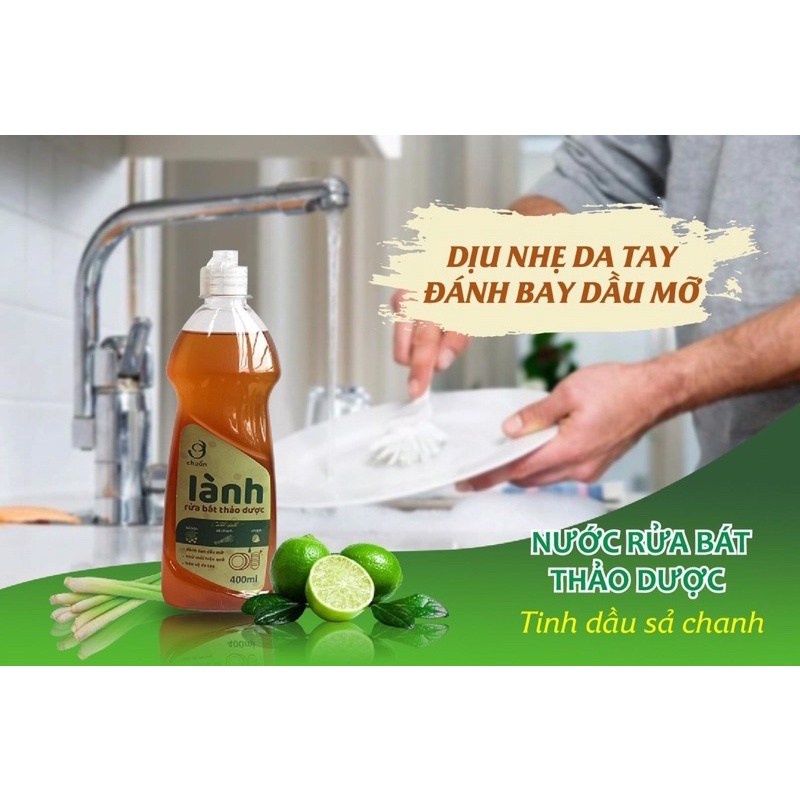 Nước rửa chén, bát thảo dược hữu cơ Ơ Chuẩn Lành 400ml - Chiết xuất từ bồ hòn, chanh, quế