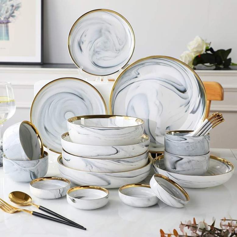 Bộ đồ ăn 26sản phẩm viền vàng 24k mang phong cách bắc âu cao cấp