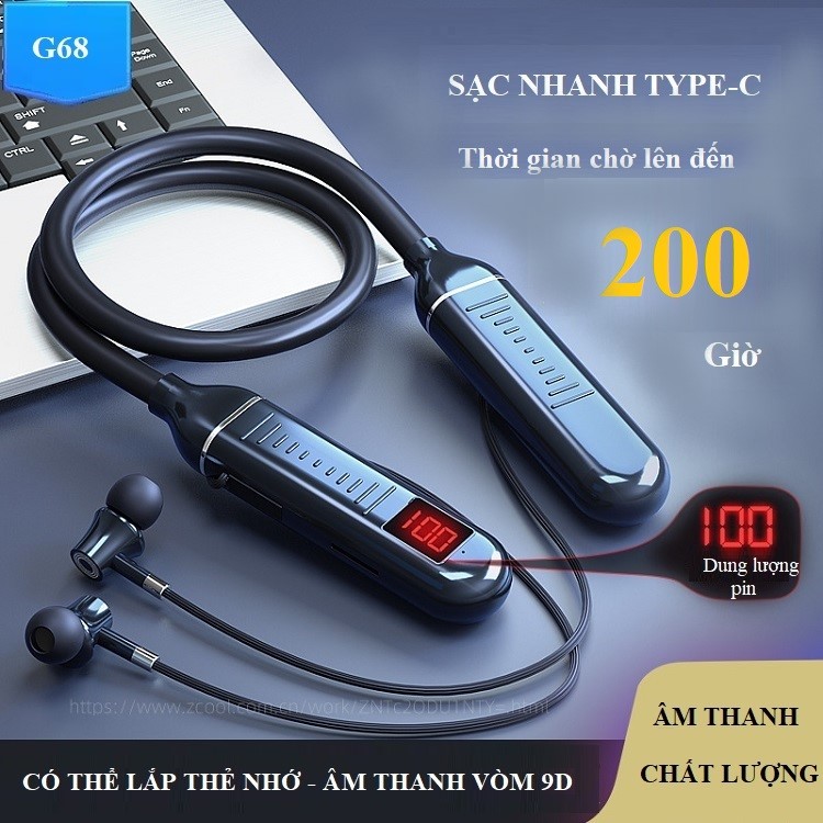 Tai Nghe Đeo Cổ Thể Thao M68 (Âm thanh chất lượng Hifi sống động, chân thật-Dung lượng pin lớn 400mAh)