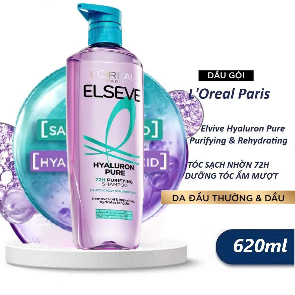 Dầu Gội Da Đầu Thường, Dầu L'Oréal Elseve Hyaluron Pure 72h Purifying Shampoo