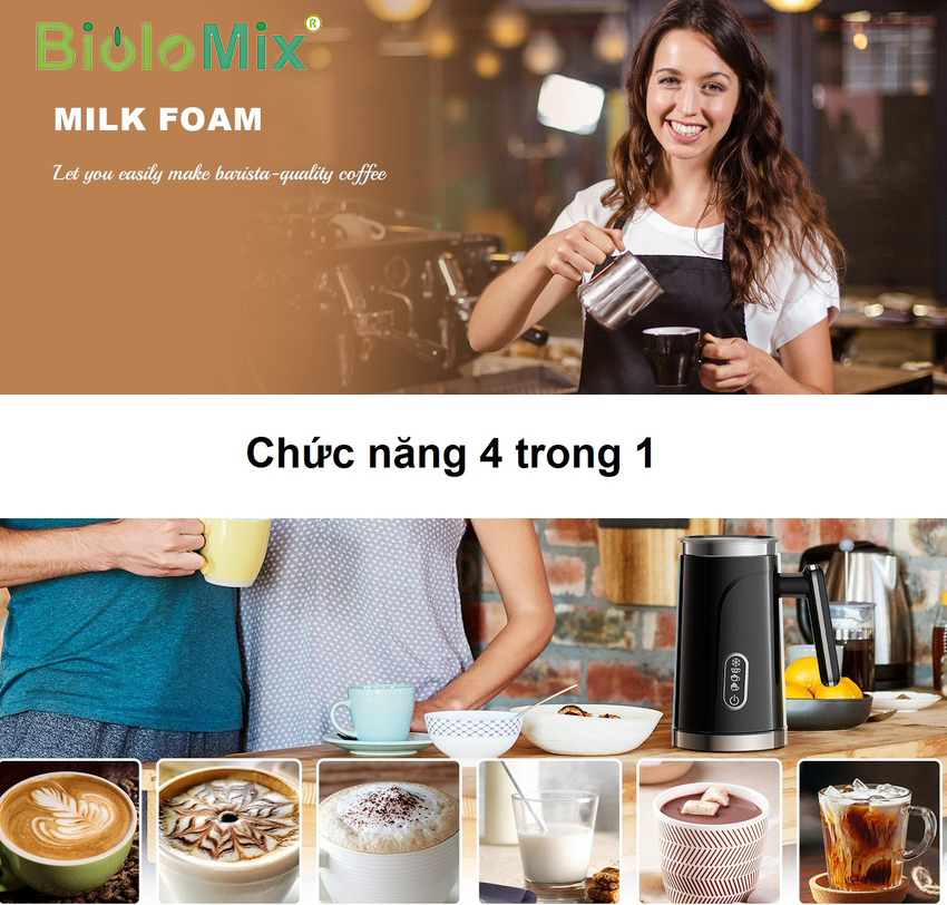 Máy tạo bọt sữa nóng và lạnh 4 trong 1. Thương hiệu Mỹ cao cấp Biolomix - BMF101. Hàng nhập khẩu